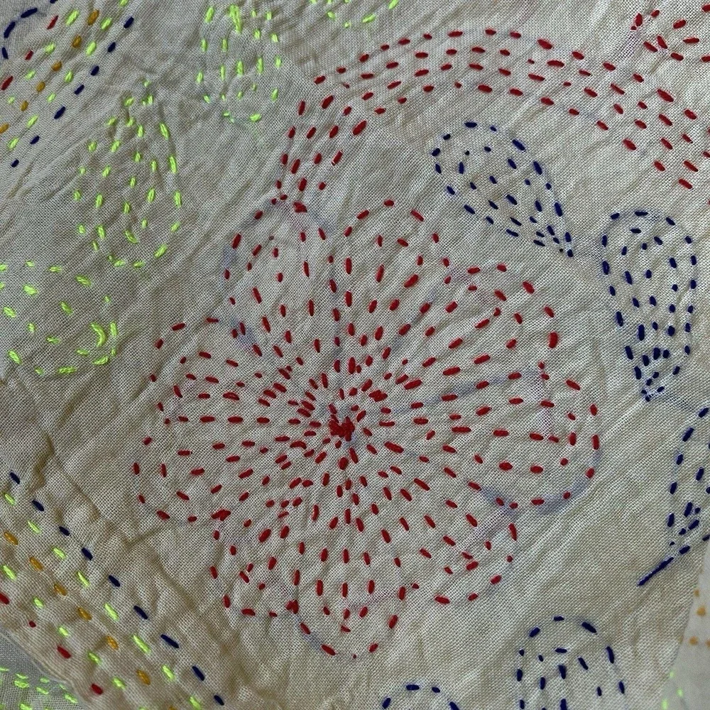 Vintage Handmade Kantha Embroidered Coverlet 80x92 Multicolor Floral Boho